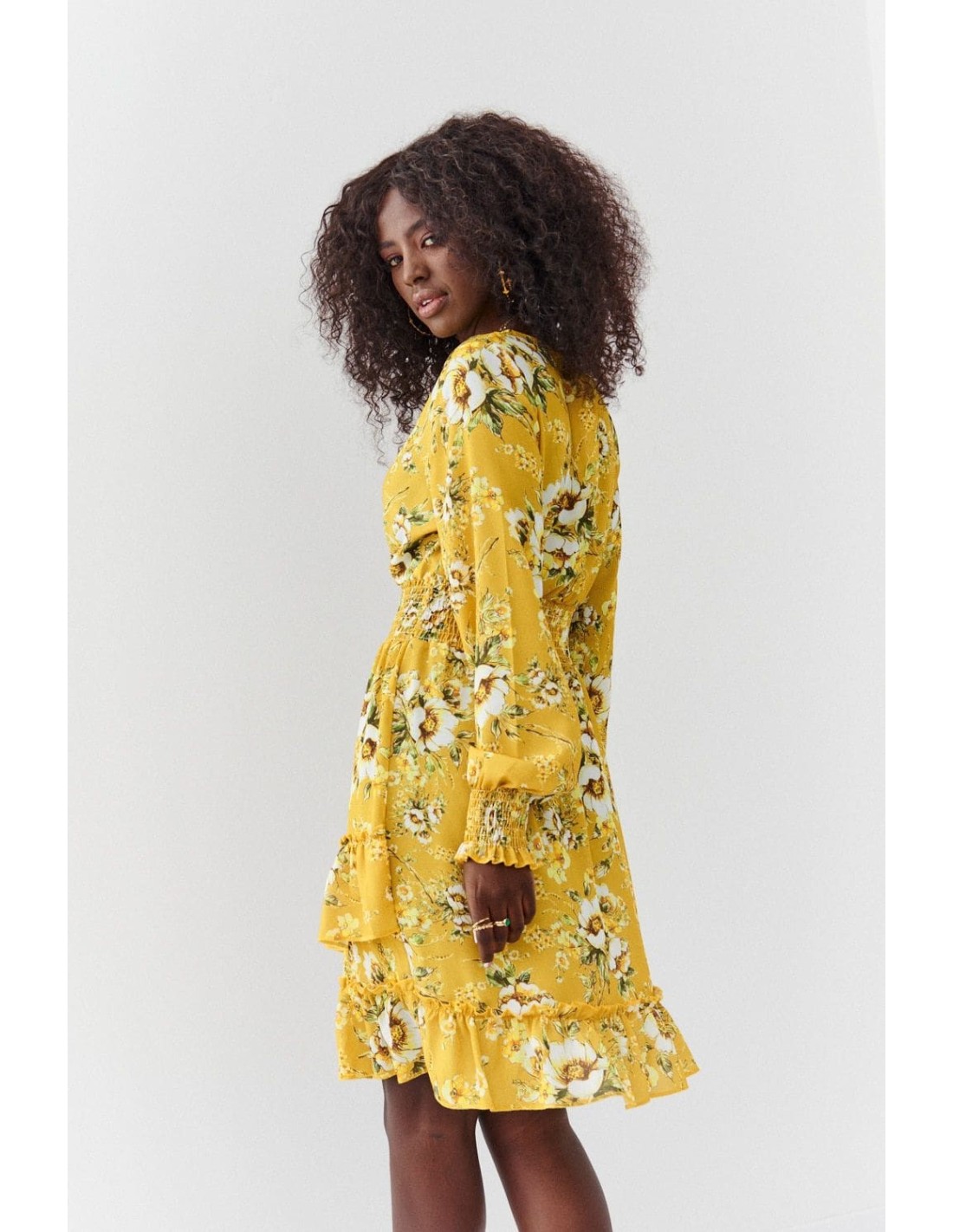 Airy dress with a mustard floral print FG637 - Online store - Boutique